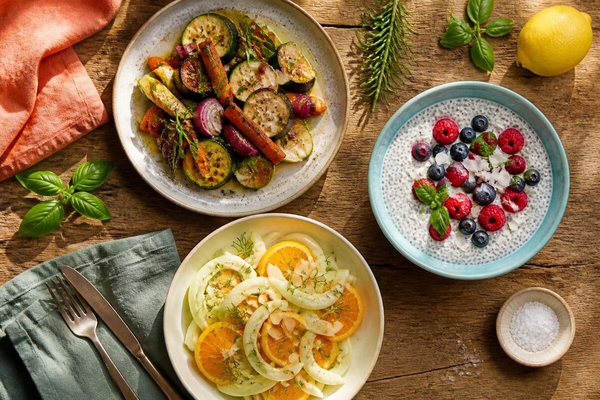 Ofengemüse, Fenchel-Orangen-Salat und Chia-Porridge auf einem Holztisch