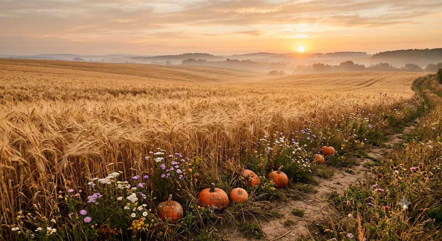 Goldenes Getreidefeld mit Kürbissen und Wildblumen im Morgennebel bei Sonnenaufgang