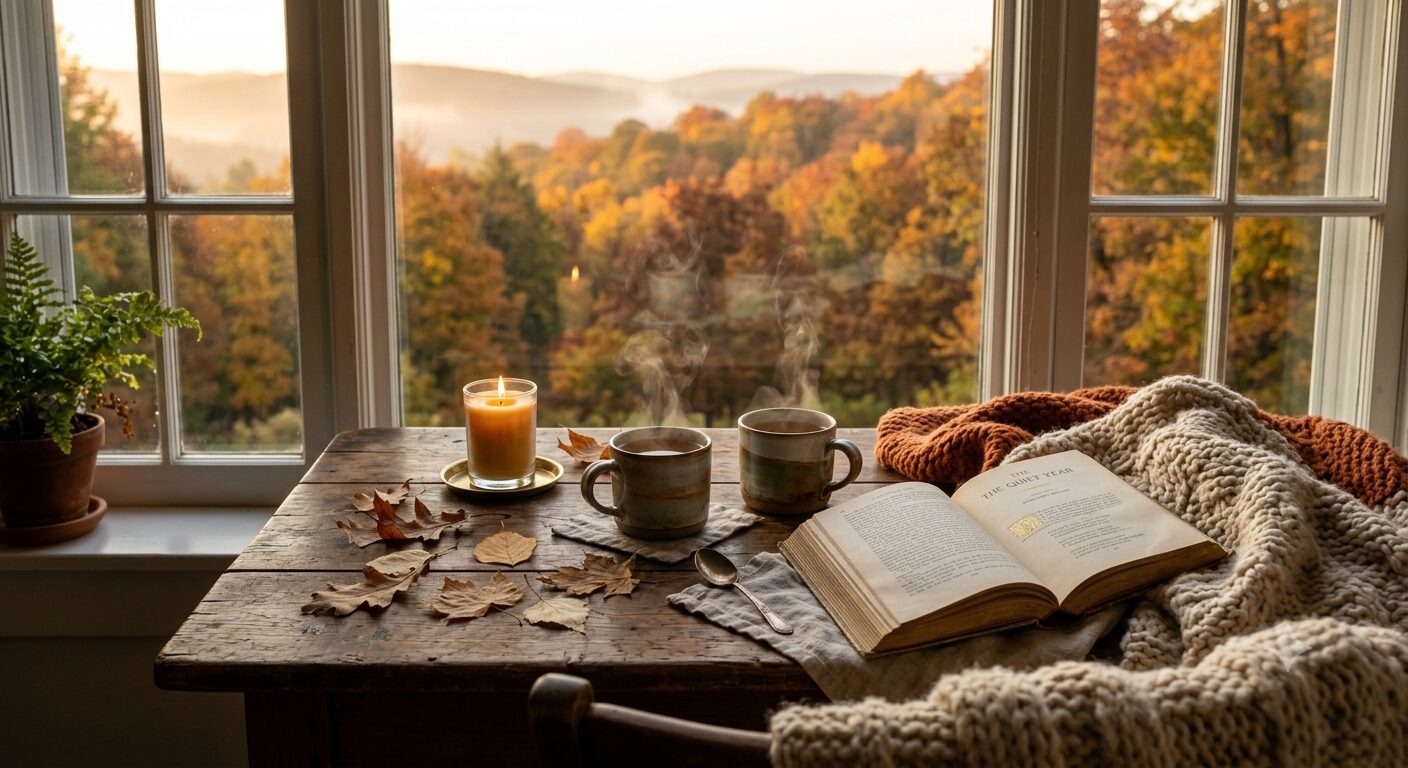 Gemütlicher Fenstertisch mit Kerze, zwei Tassen Tee und einem aufgeschlagenen Buch, Herbstlaub im Hintergrund