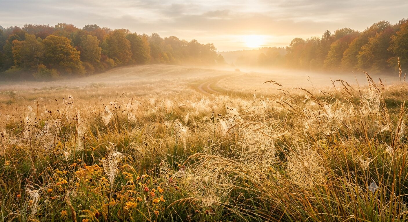 Nebelverhangene Wiese mit taubedeckten Spinnennetzen im goldenen Morgenlicht